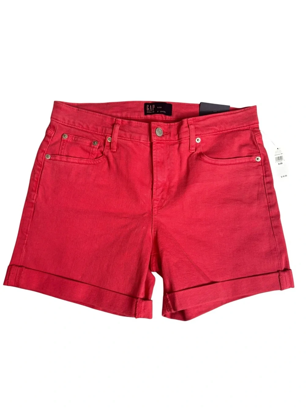NEW GAP Women’s Coral-Red Denim Roll-Cuff Jean Shorts Size 6/28 5